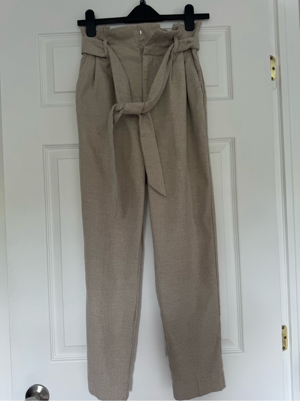 High-Waist Paperbag Tie-Waist Pants - Beige
